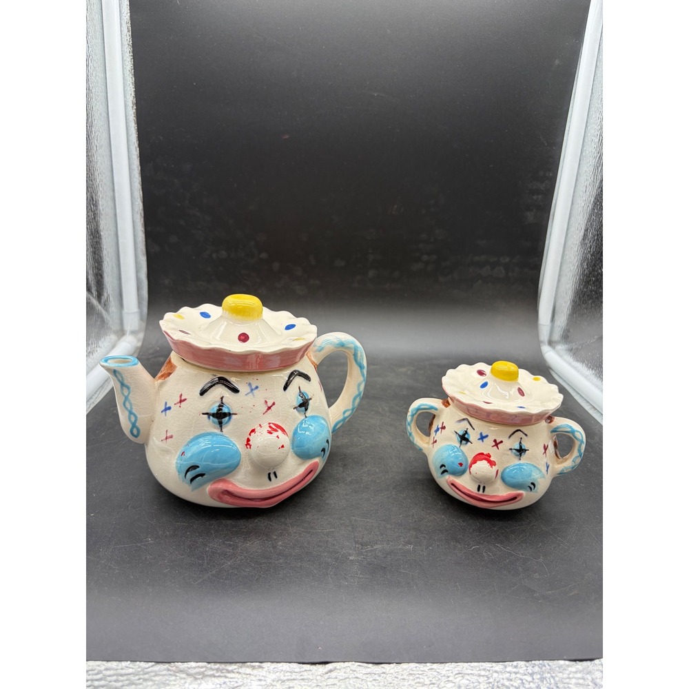 Vintage Ceramic Clown Teapot and Sugar Bowl Set Hand Painted Circus Decor